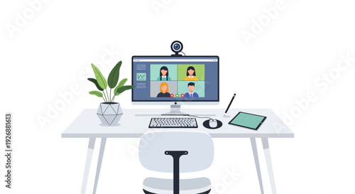 Home office setup with computer and video conference.