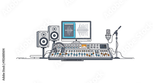Home Music Studio Setup with Keyboard Speakers and Microphone.