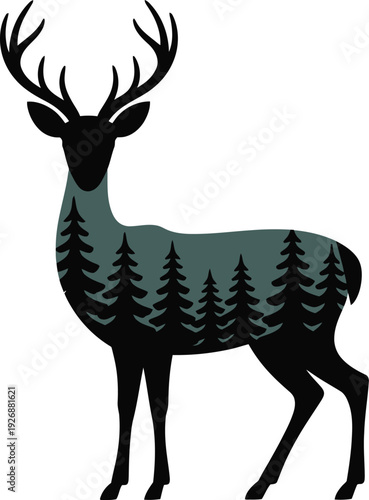 Double Exposure Deer Silhouette Vector Illustration: Pine Forest Landscape Graphic.