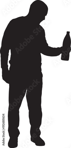 vector, silhouette A man holding, raising, and looking at a bottle o plastic water
