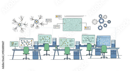 Modern Technology Control Room with Advanced Computer Systems.