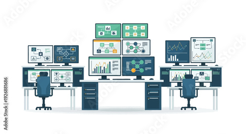 Modern Technology Control Room with Multiple Computer Monitors.