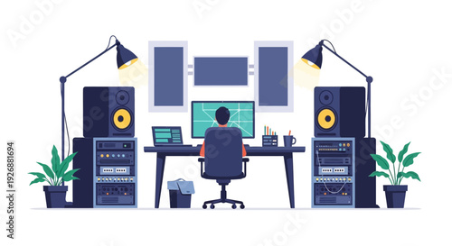 Man working in a modern sound recording studio setup.