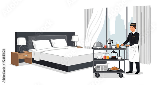 Hotel Maid Serving Breakfast on a Room Service Cart.