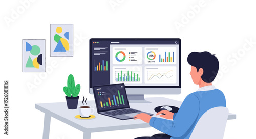 Man working on computer analyzing data charts.