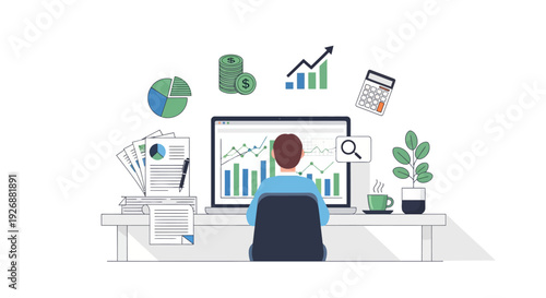 Man working on computer analyzing financial data charts and graphs.
