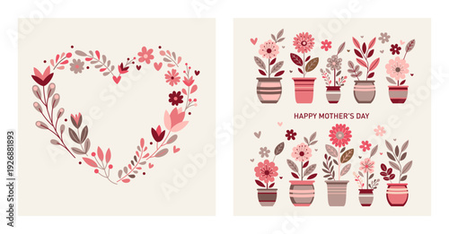 A heart of flowers and flowers in pots for mom. Sweet illustration for Mother's Day. 
Cute hand drawn vector for card, poster or background.
