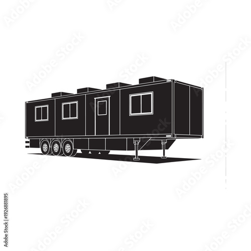 Black and white silhouette of a mobile office trailer with multiple windows