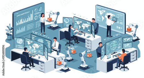 Modern Technology Control Room with Robotic Arms and Data Displays.