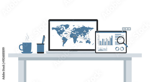 Modern Desk Setup with Laptop and Tablet Displaying Data.