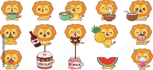 Cute Kawaii Lion Character Collection with Food and Drink Items Featuring Coffee, Pineapple, Watermelon, Ice Cream and Chocolate Vector Illustration Set