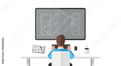 Man working on computer with blueprint on screen.