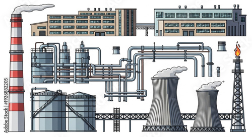 Industrial complex illustration showing factory buildings, chimneys, and pipelines, a detailed depiction.