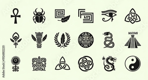 Collection of Ancient Symbols and Icons Representing Various Cultures and Beliefs.