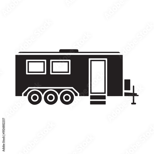 Simple black silhouette of a travel trailer with visible wheels and hitch