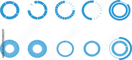 Circular Loading Progress Bar Icons Set Featuring Modern Preloader Rings, Buffering Indicators, Download Status and User Interface Animation Elements Vector Collection