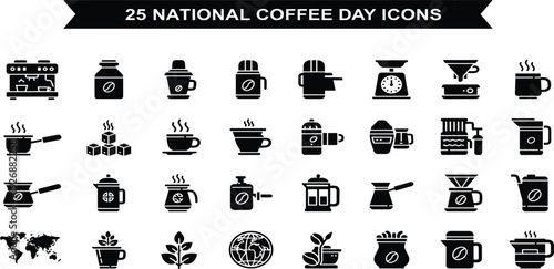 Coffee Icons Set Featuring Espresso Machine, Coffee Beans, Brewing Equipment, Cafe Drinks and National Coffee Day Beverage Vector Collection