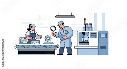 Factory workers inspecting manufactured parts on assembly line.