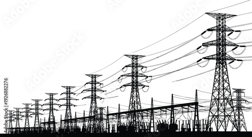 High voltage power line silhouettes, electricity transmission towers, electrical substation pylon, industrial energy grid, utility infrastructure cables, flavector, power plant supply.