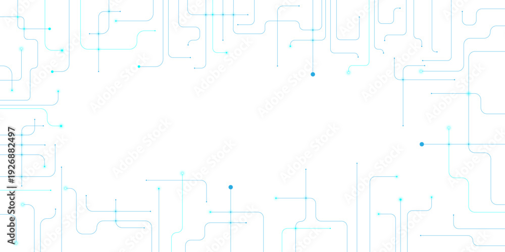 Obraz premium Tech banner with flowing lines and circuit patterns. Abstract futuristic technology design elements in blue and white.