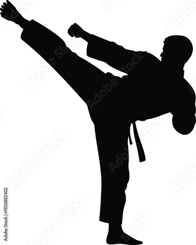 Martial Arts Silhouette Vector Illustration: Karate Fighter High Kick Action.