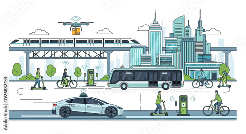 Modern urban transportation system with electric vehicles and public transit.