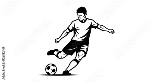 Soccer player kicking the ball with focused determination and power in a dynamic pose.