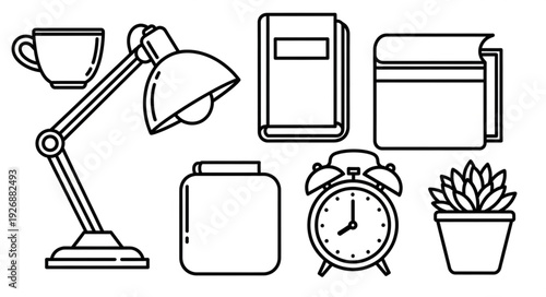 Collection of office supplies and desk accessories in a minimalist line art style.