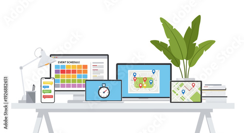 Modern workspace with multiple devices showcasing digital interfaces and applications.