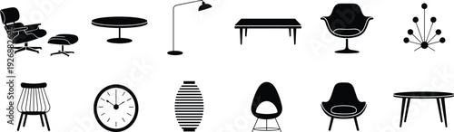 Black and white line of various furniture pieces and a clock on a white background line furniture