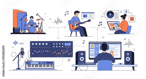 Music Production Studio Setup with Musicians and Equipment.