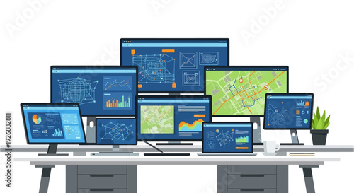 Multiple computer monitors displaying data and charts on a desk.