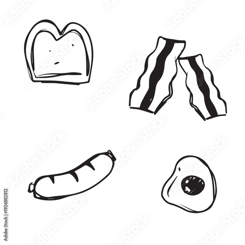 Breakfast food set doodle with bread egg bacon and sausage. Hand drawn morning meal icons in black line art style. Minimalist breakfast ingredients illustration isolated on white background.