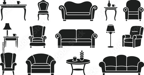 Black and white line of various vintage furniture pieces including sofas, chairs, tables, and lamps