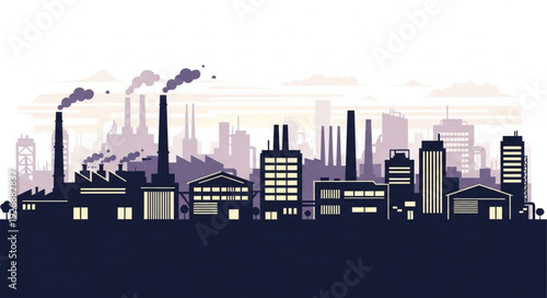 Industrial cityscape silhouette with factories and buildings emitting smoke into the sky.
