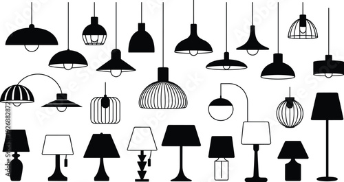 Collection of black and white hanging and standing lamps with various and shapes hanging lamps
