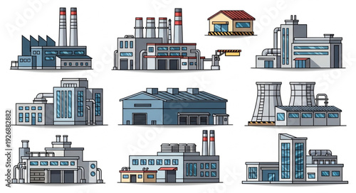 Collection of various industrial factory buildings with chimneys and structures.