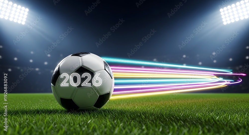Naklejka premium A soccer ball on a green field with colorful lights
