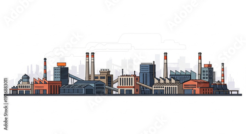 Industrial cityscape featuring factories, chimneys, and manufacturing plants, a panoramic view.