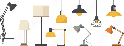 Collection of various lamps and lighting fixtures in different colors and styles desk lamp floor lamp