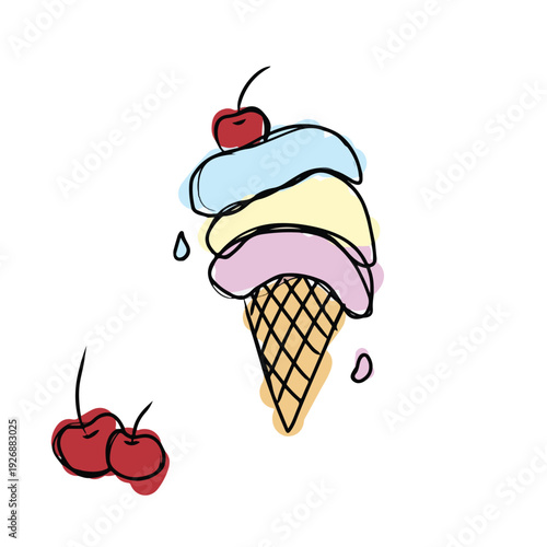 Colorful ice cream cone with cherry topping doodle. Hand drawn summer dessert illustration with three scoops. Sweet gelato with cherries in messy line art style on white background.