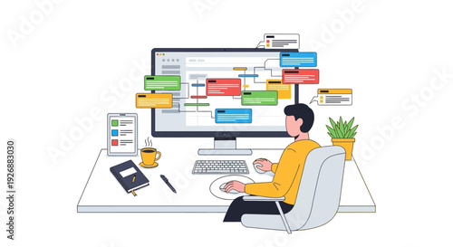 Man working on computer with project management software.