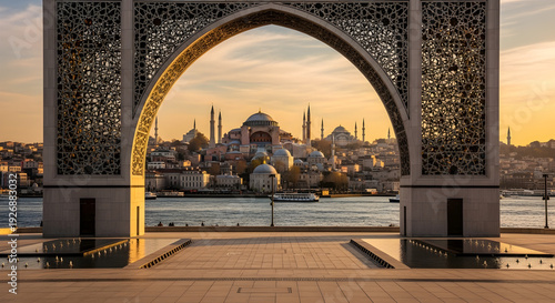 Ornate Archway View of Mosque in Istanbul at Sunset