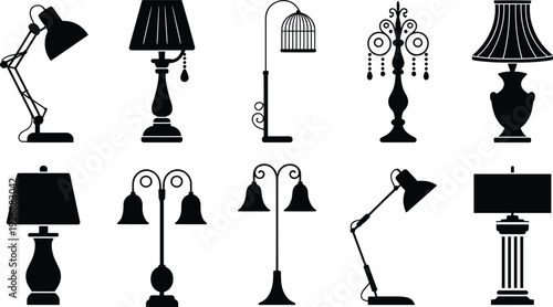 Collection of various black and white lamp including desk lamps floor lamps and hanging lamps