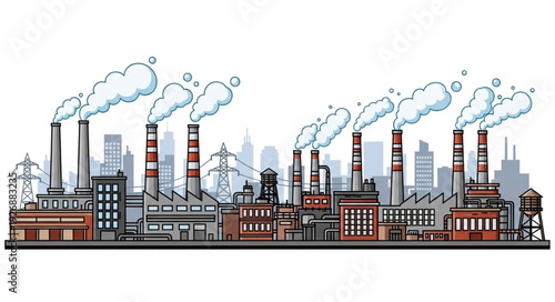 Industrial complex with smokestacks emitting pollution into the atmosphere, a visual representation of environmental impact.
