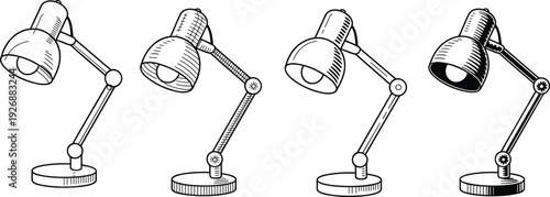 Four black and white desk lamps with adjustable arms and round bases in different positions four lamps