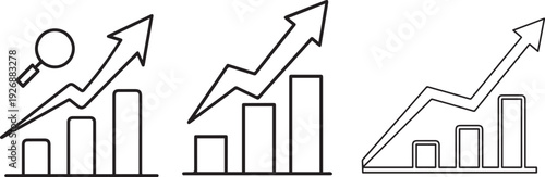 Business graphs and charts icon set for infographics. Vector collection of statistic and data diagrams. Money symbol with down or up arrows for economy reduction or growth.