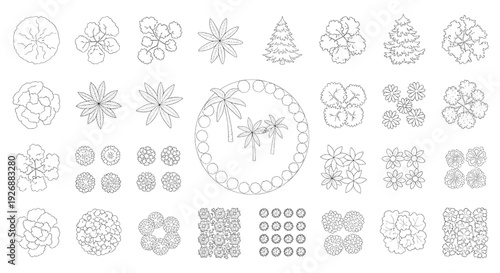 Landscape Architecture Top View Vector Symbols – Minimal Line Art Trees, Plants, and Shrubs for Site Plans