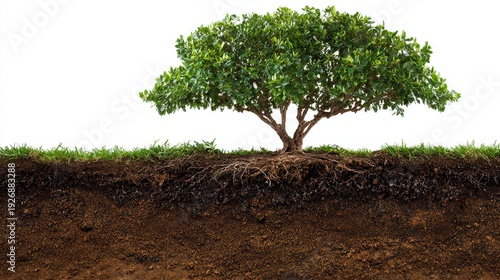 Isolated Tree with Roots Visible in Dark Soil Against White Background