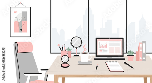 Modern Home Office Desk Setup with Laptop and Chair.